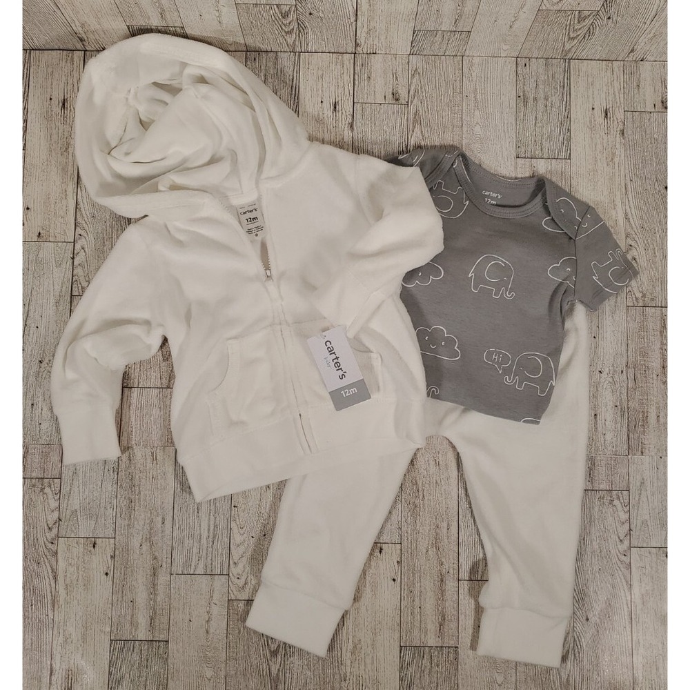 Carter's Baby Jacket Pants Bodysuit 12 months 3pc Set Neutral Elephants NEW - Picture 1 of 10